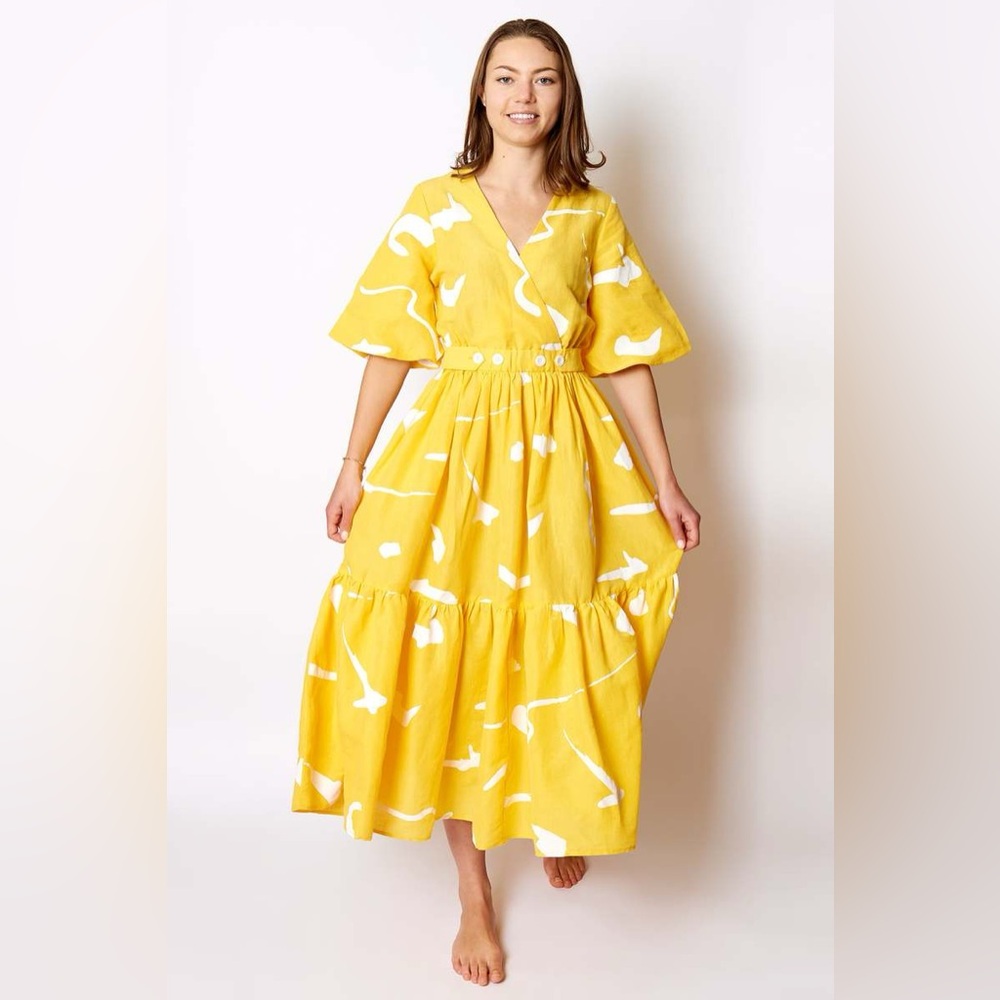 LOVEBIRDS NWOT Elegant Yellow Maxi Dress Tuckernuck Pockets Small Linen/Cotton - Picture 3 of 11